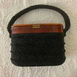 Vintage Brown Beaded Bag with Bakelite Bucket Top and Woven Strap - circ…
